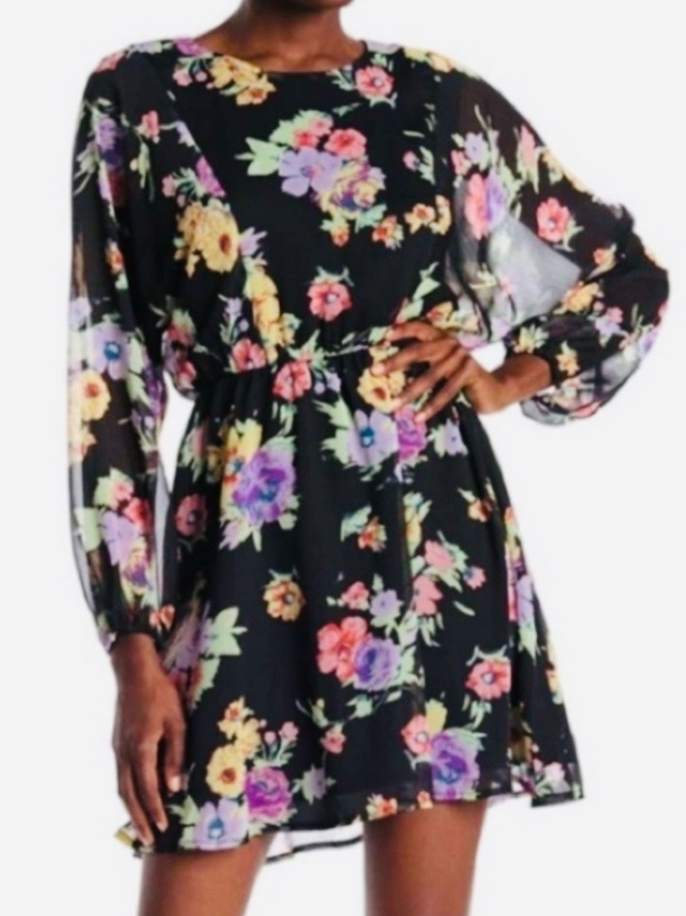 WAYF, Black Floral Long-Sleeve Mini Dress, Size Medium